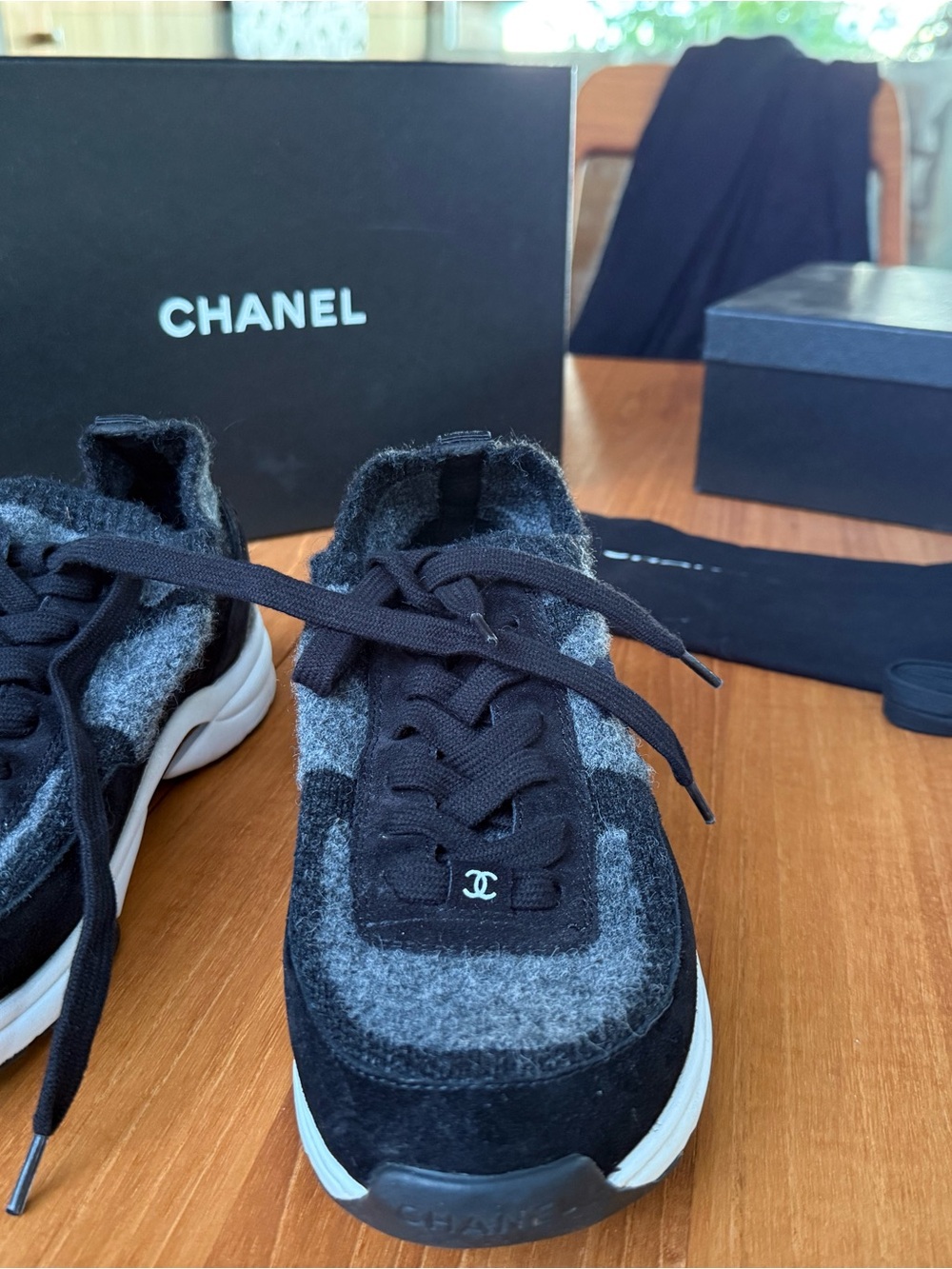 CHANEL 23B Gray Black Knit Suede Calfskin CC Logo Sneakers Box Set Size 38